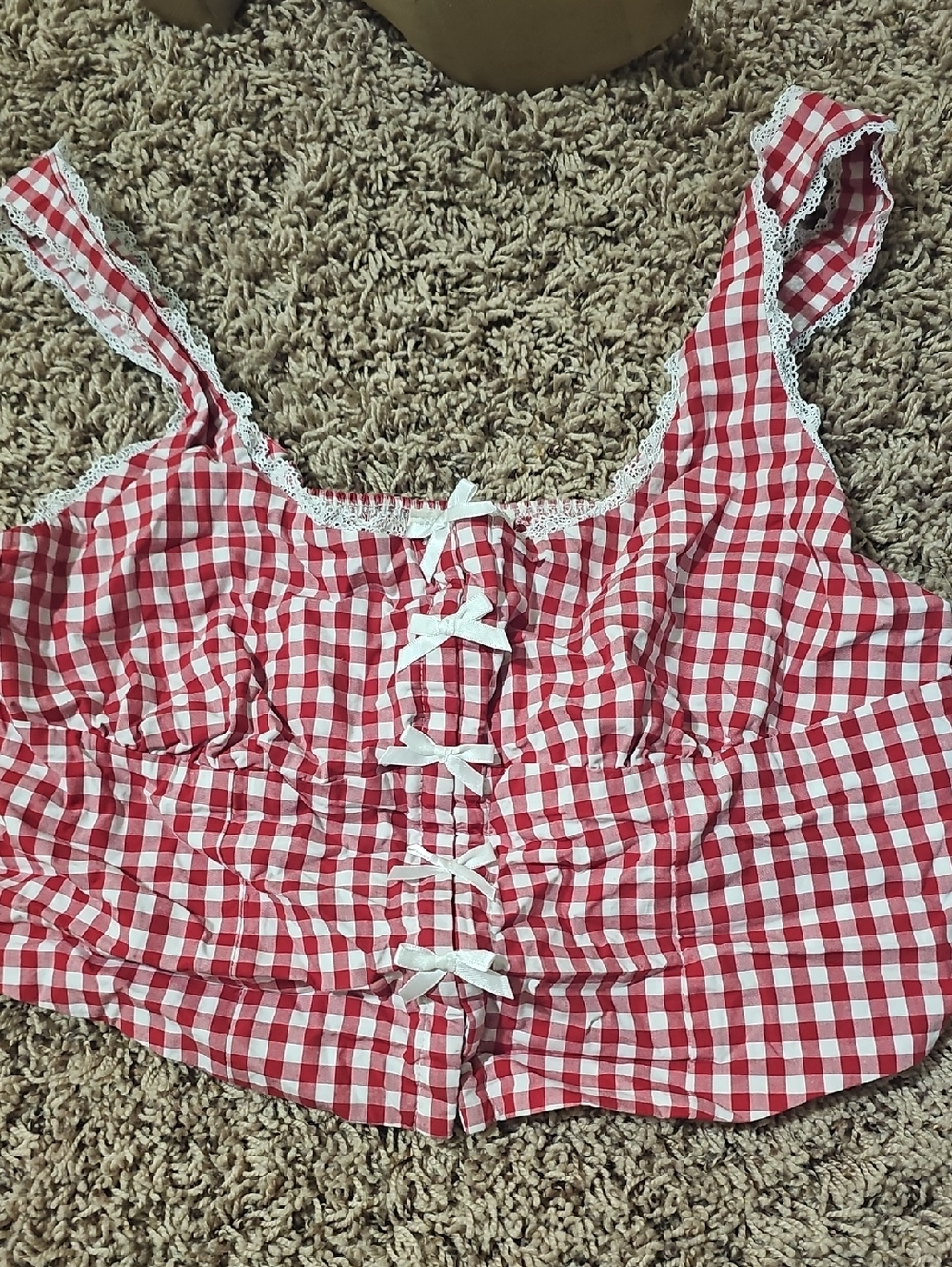 Red and White Gingham Bow-Front Crop Top